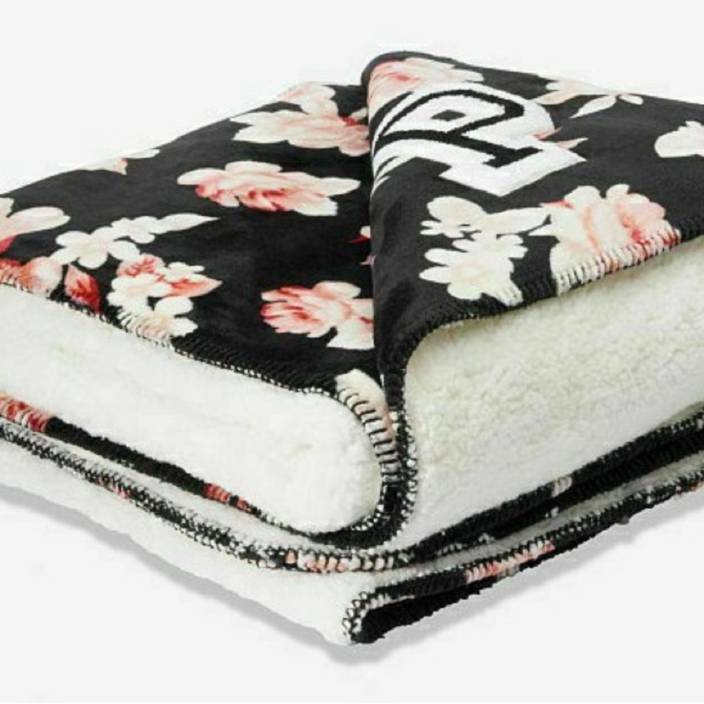 Victoria's Secret Black and Pink Floral Sherpa Blanket